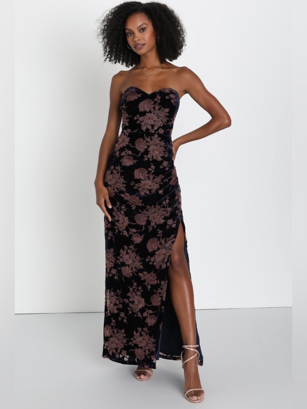 Lulu's Exquisite Navy Blue Floral Burnout Velvet Strapless Maxi Dress - Size M